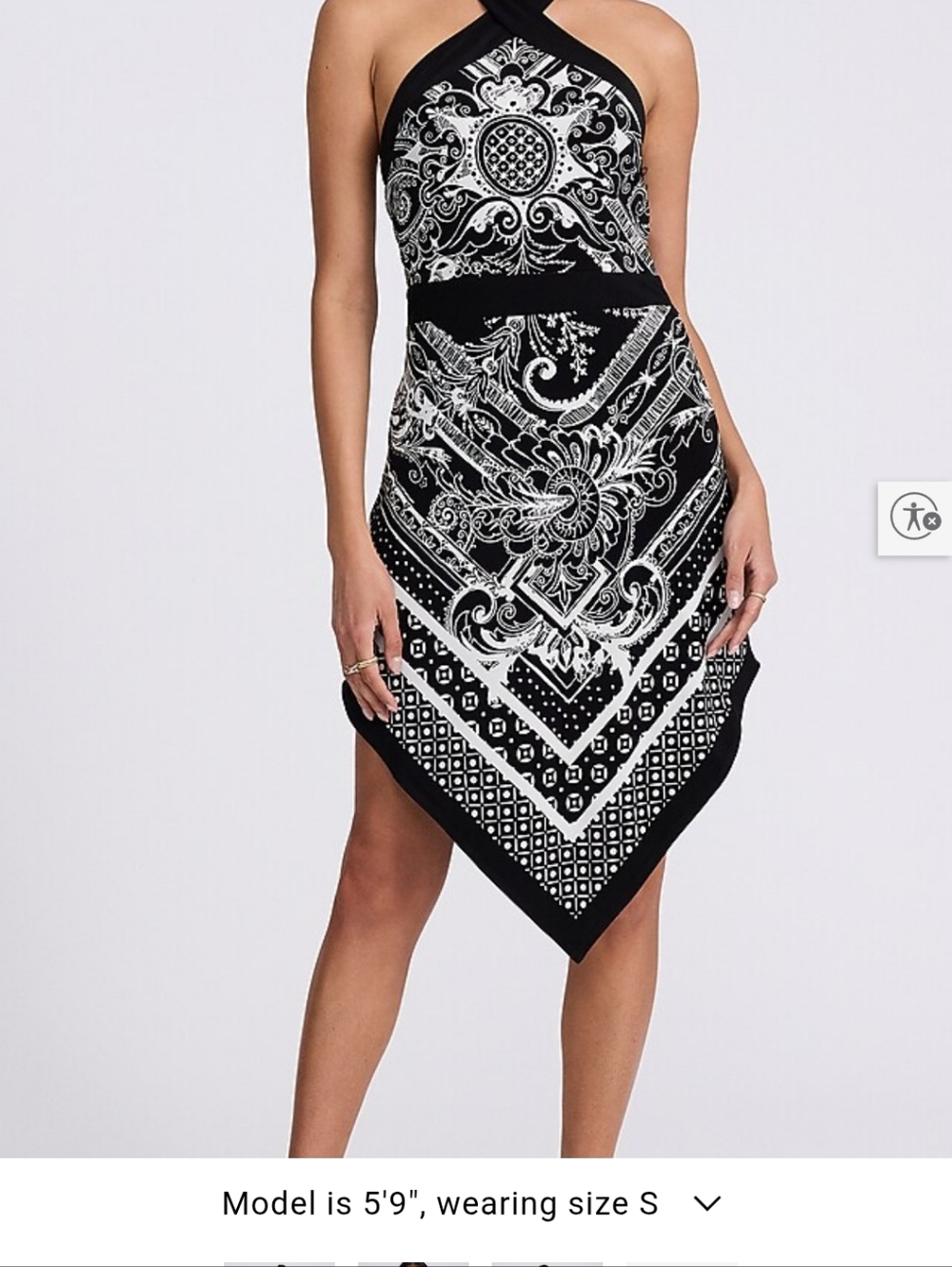 NWT Express Black & White Ornate Print Halter Handkerchief Hem Mini Dress S
